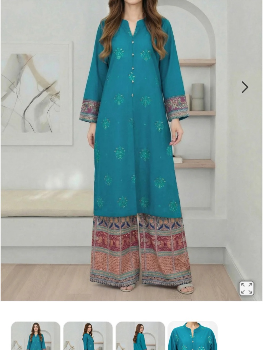 Teal Embroidered Long Dress with Patterned Hem